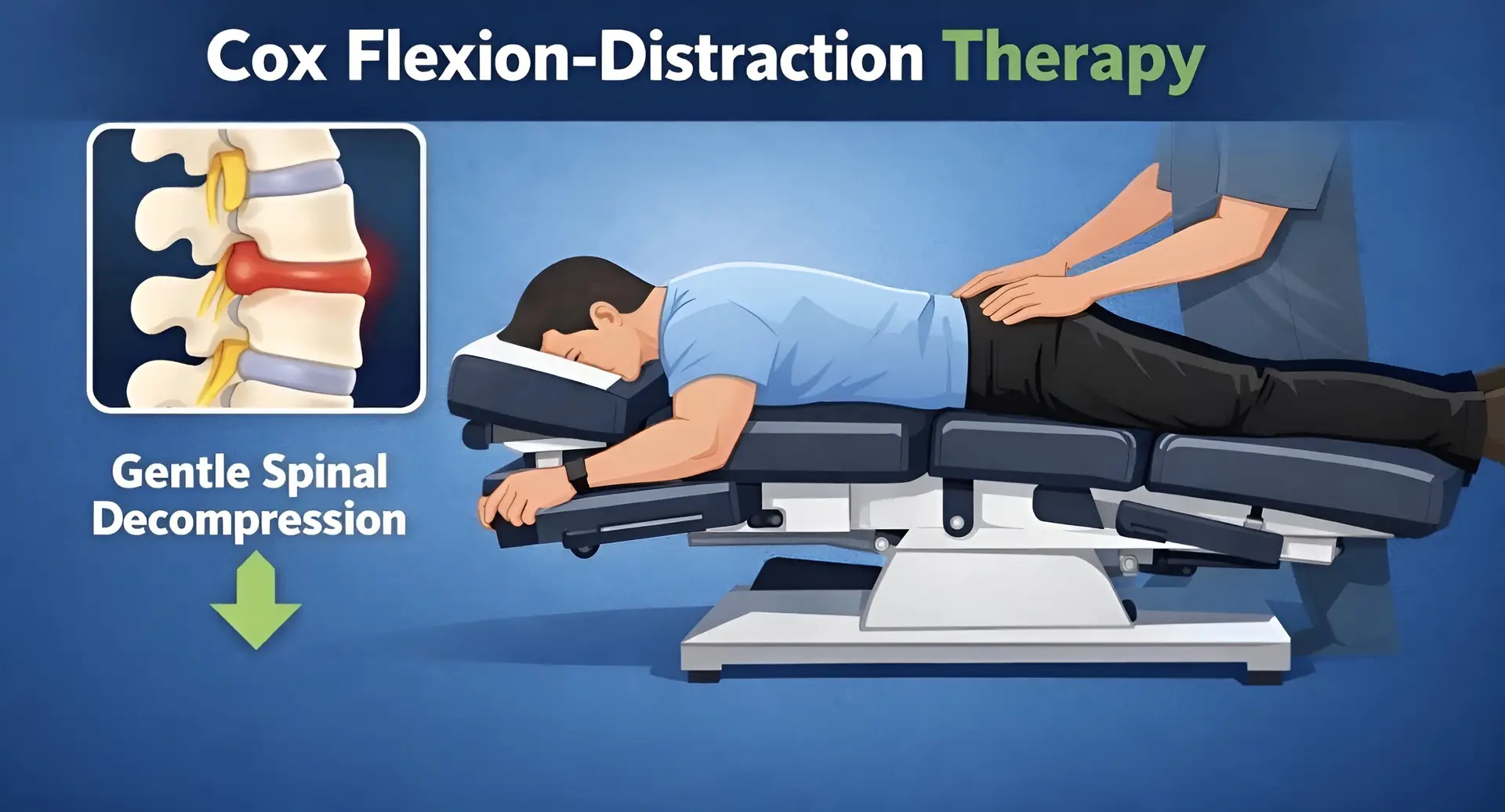 Infographic showing how flexion distraction spinal decompression relieves disc pressure and nerve compression at Kamego Chiropractic in Lapeer County Michigan